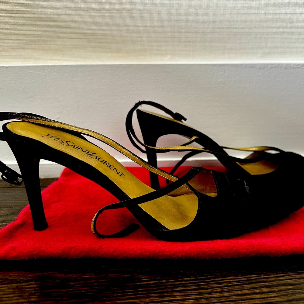 YSL black silk sling backs